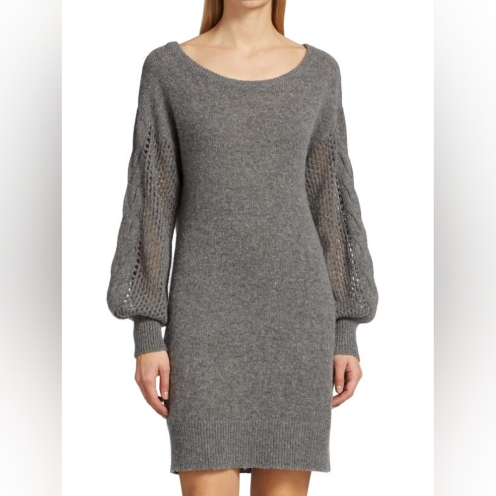 NAADAM Merino Wool Cashmere Sweater Dress Gray Pointelle Cable Knit